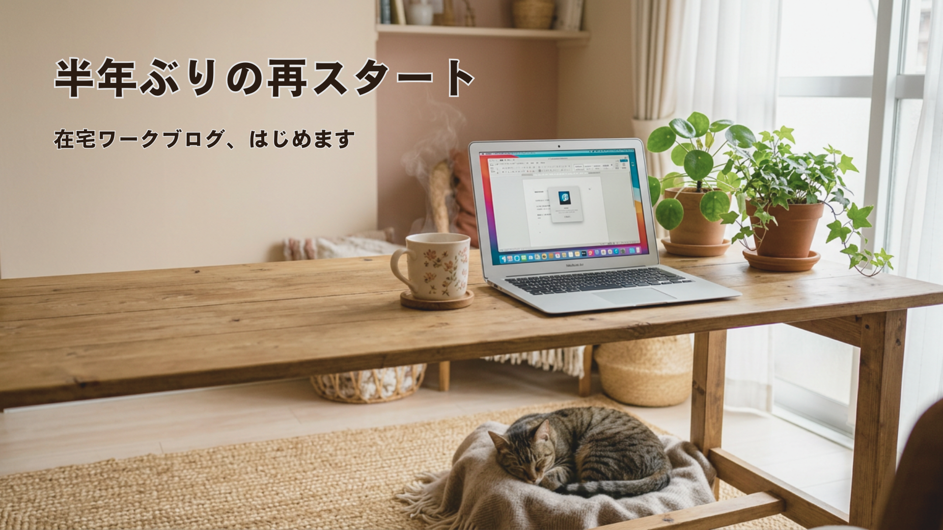 主婦が在宅ワークでノートパソコンに向かい、足元で猫が眠っている様子