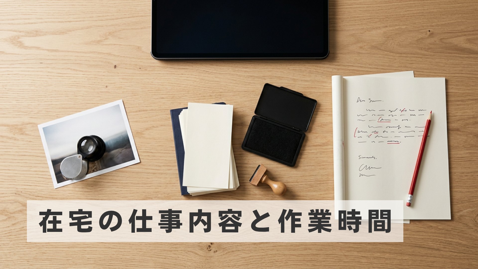 写真、請求書、資料のチェックに使う道具を机に並べたイメージ